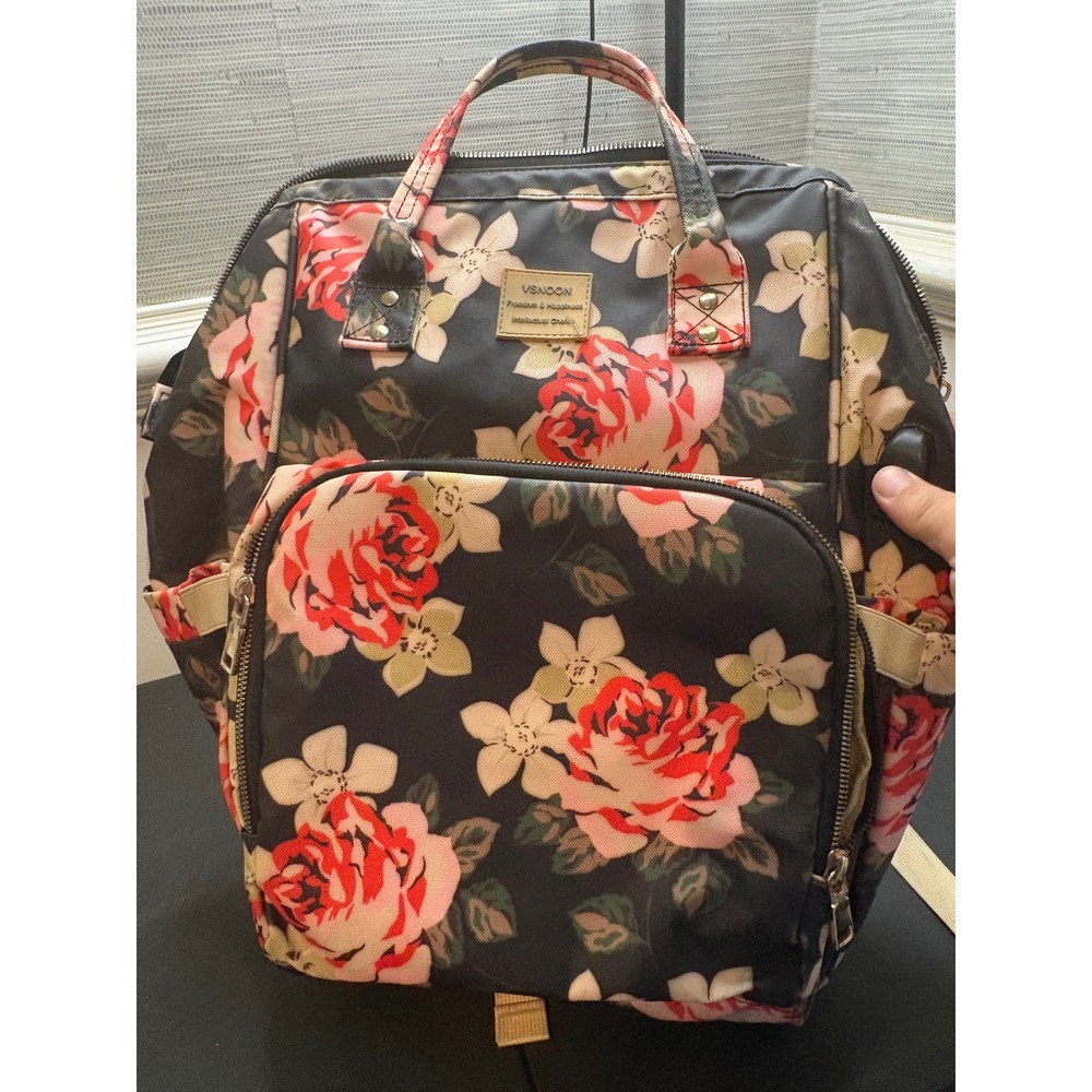 VSNOON Laptop Backpack Floral Rose Print Black Pink Travel School Bag